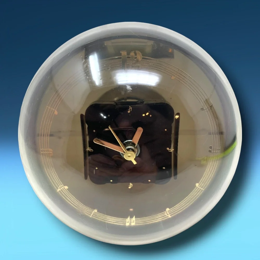 Vintage MCM Acrylic Sphere Lidded Jewelry Box Music Box & Clock Sputnik Pop Art